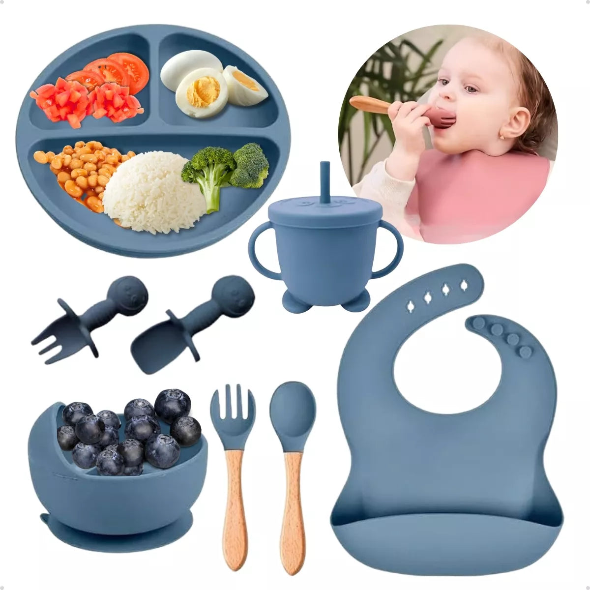 Kit Alimentação Bebê 8 Peças em Silicone – Prático e Antiderrapante