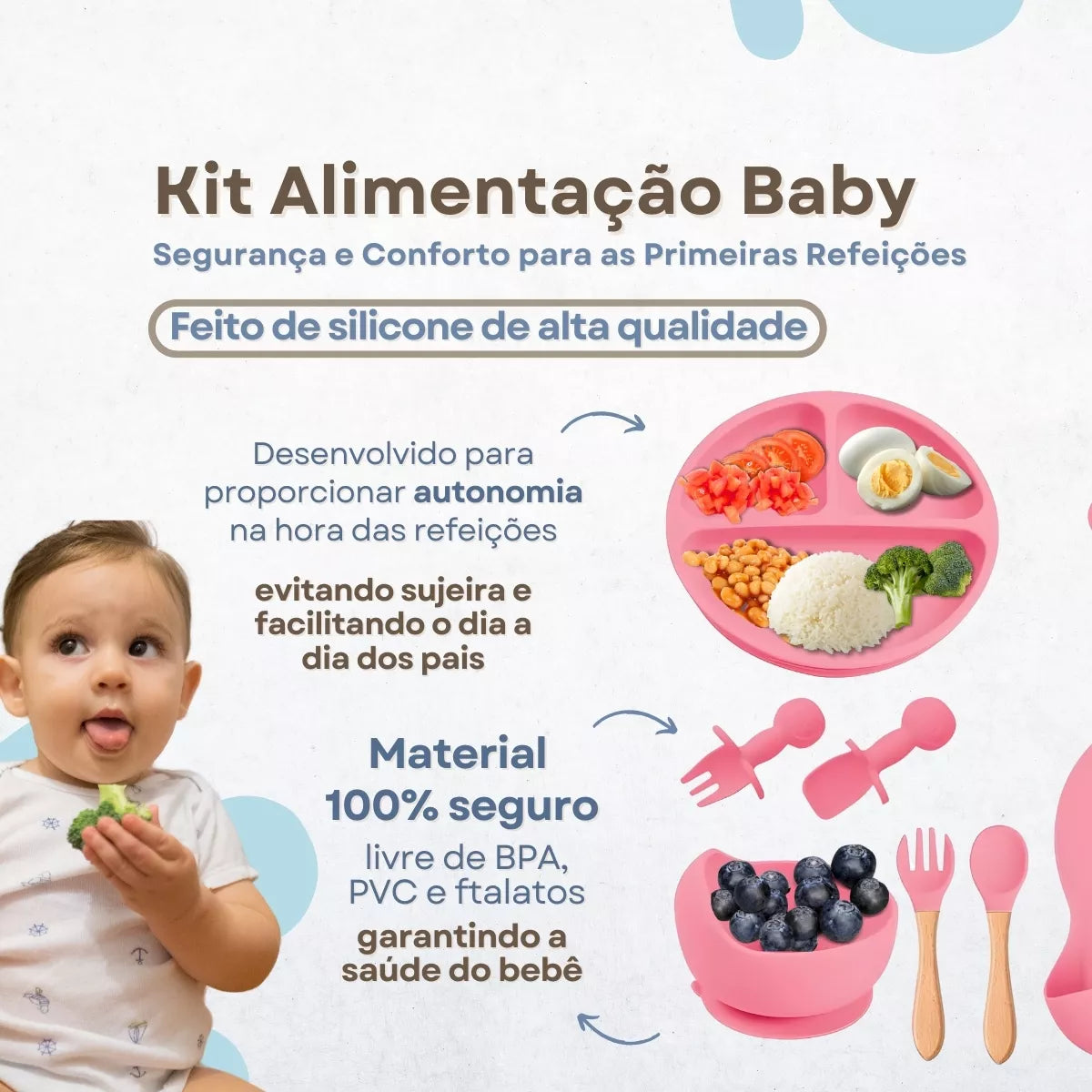 Kit Alimentação Bebê 8 Peças em Silicone – Prático e Antiderrapante