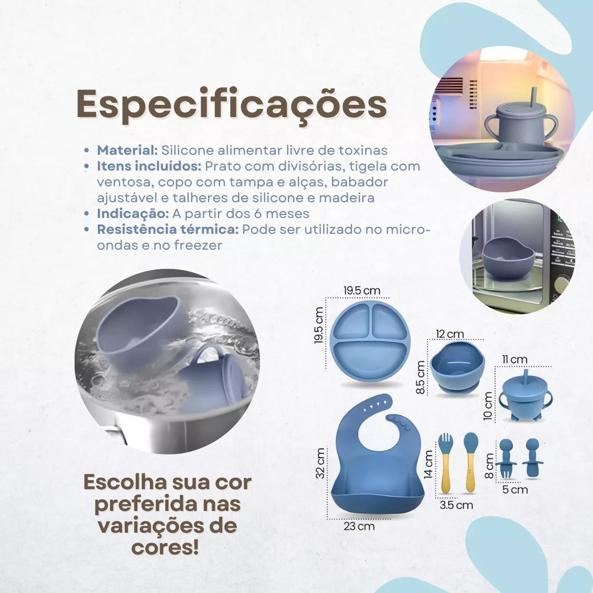 Kit Alimentação Bebê 8 Peças em Silicone – Prático e Antiderrapante
