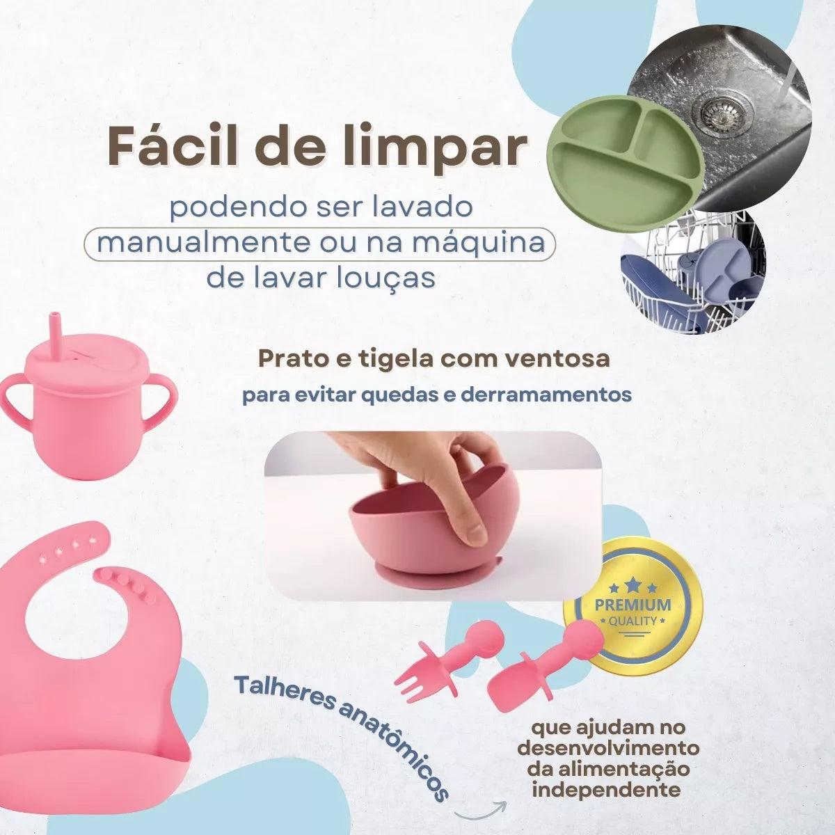 Kit Alimentação Bebê 8 Peças em Silicone – Prático e Antiderrapante