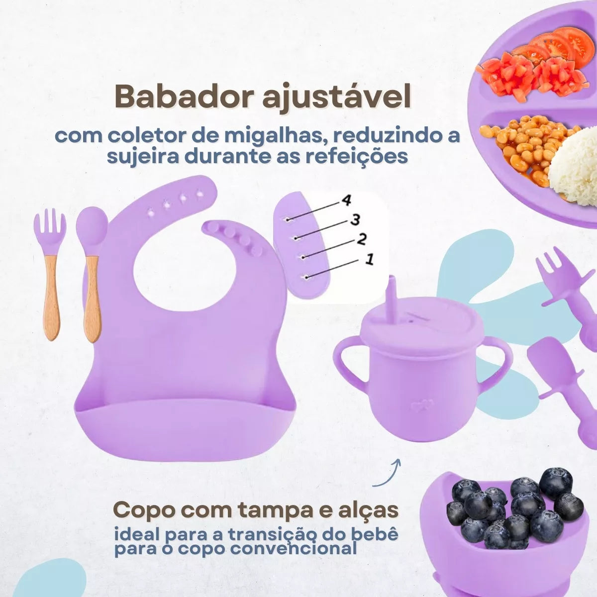 Kit Alimentação Bebê 8 Peças em Silicone – Prático e Antiderrapante