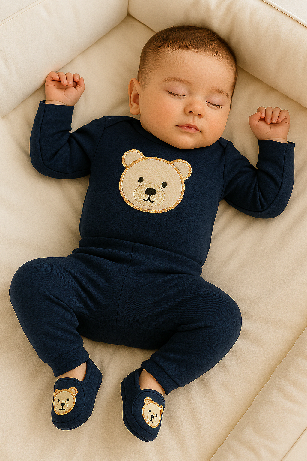 Kit 3 peças bebê menino ursinho – (body, calça e sapatinho), tema fofo em algodão