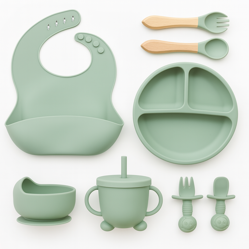 Kit Alimentação Bebê 8 Peças em Silicone – Prático e Antiderrapante