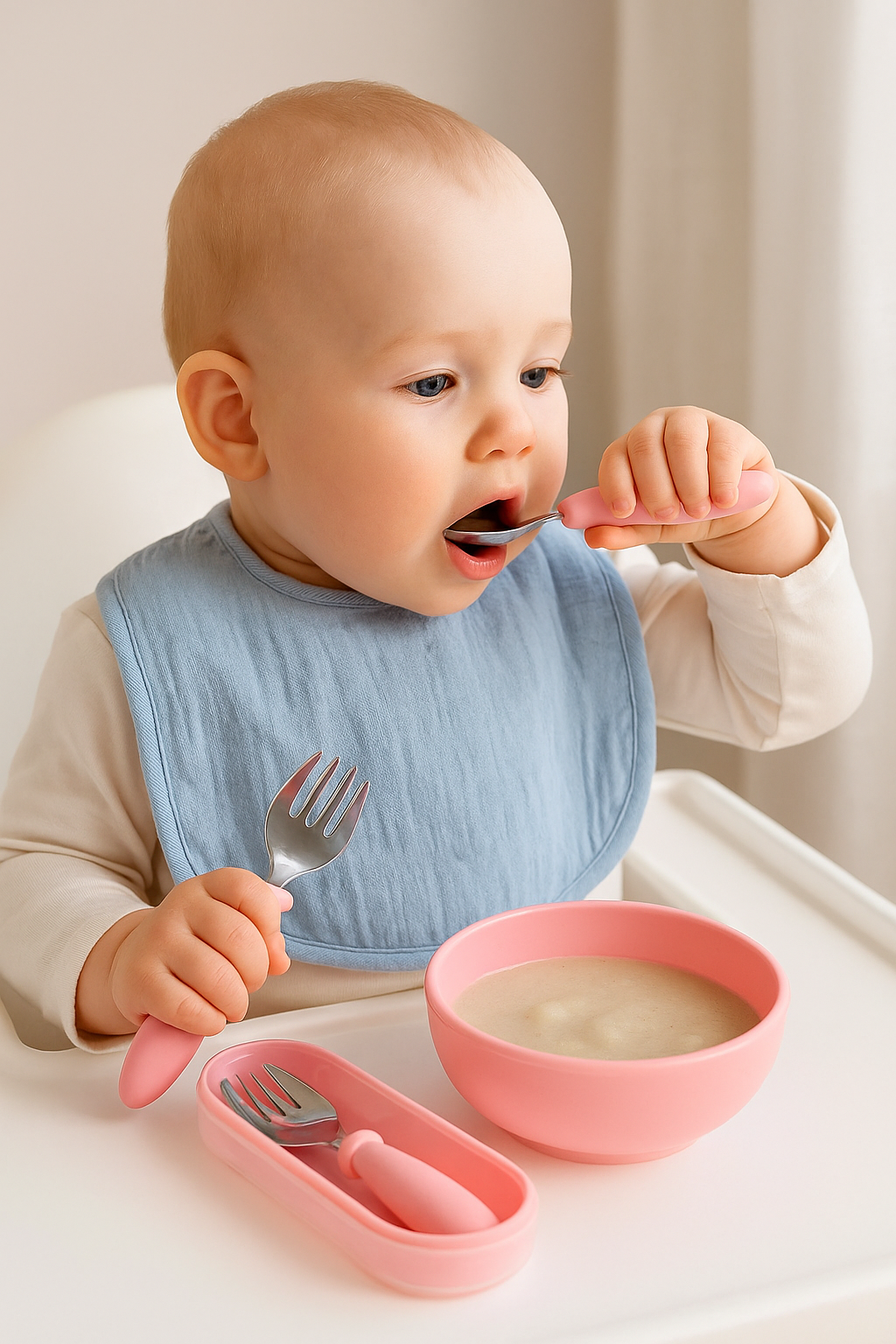 Talheres Infantil com Estojo – Colher e Garfo Inox 304 para Bebê | Kit 3 Peças Ergonômico e Portátil