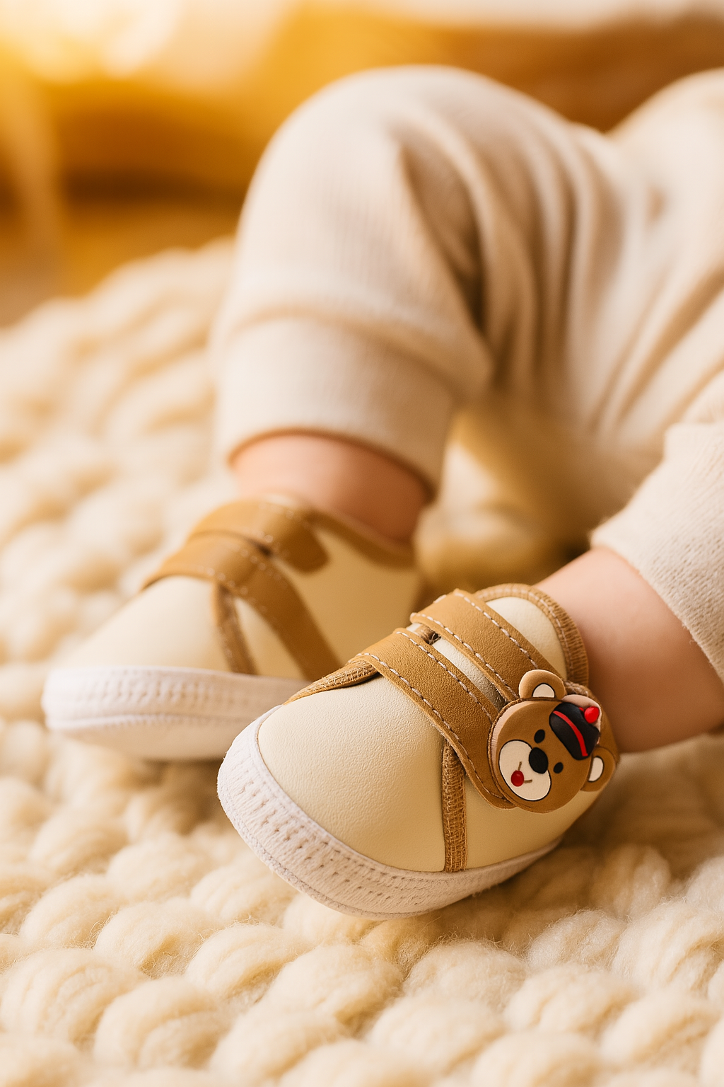 Tênis de Bebê com Velcro e Ursinho – Antiderrapante e Confortável | 0 a 12 Meses