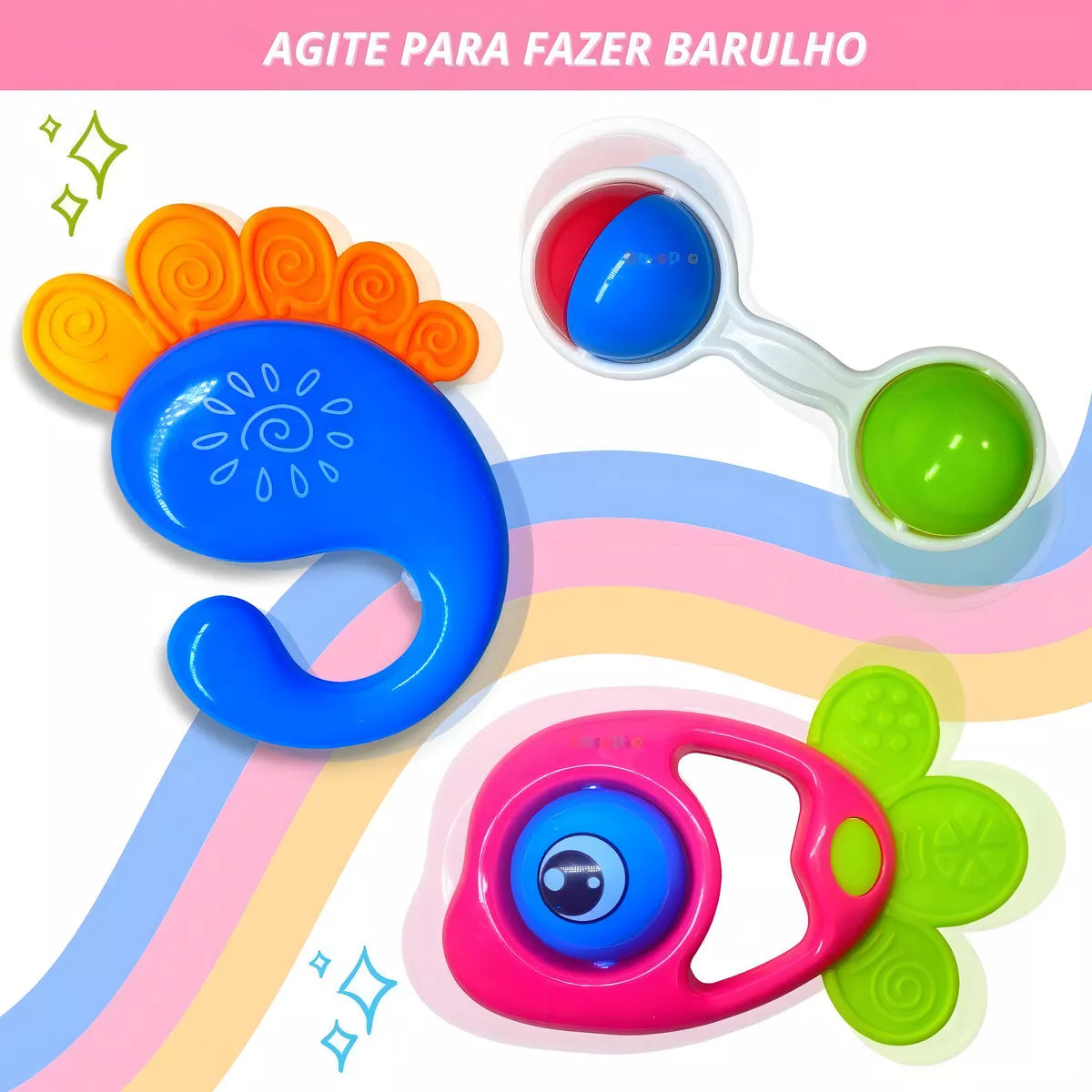 Kit de Chocalhos para Bebê com 4 Peças – Coloridos, Estimulam Coordenação e Desenvolvimento