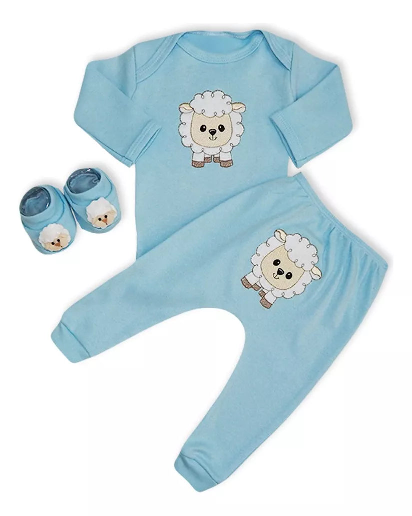 Kit 3 Peças Ovelhinha para Bebês Meninos – Body, mijão e sapatinho 100% algodão