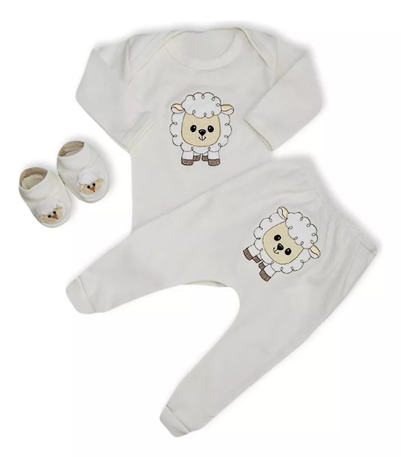 Kit 3 Peças Ovelhinha para Bebês Meninos – Body, mijão e sapatinho 100% algodão