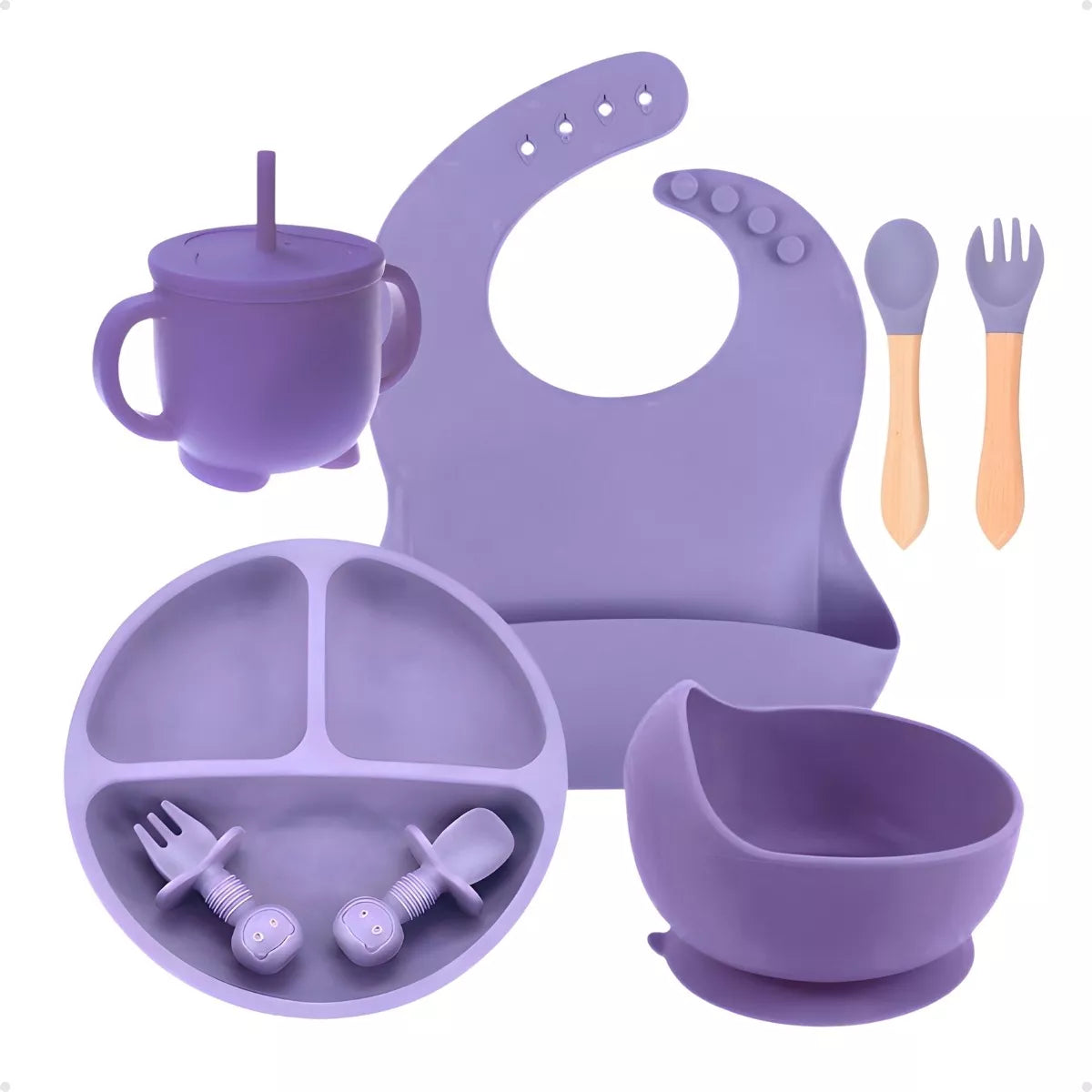 Kit Alimentação Bebê 8 Peças em Silicone – Prático e Antiderrapante