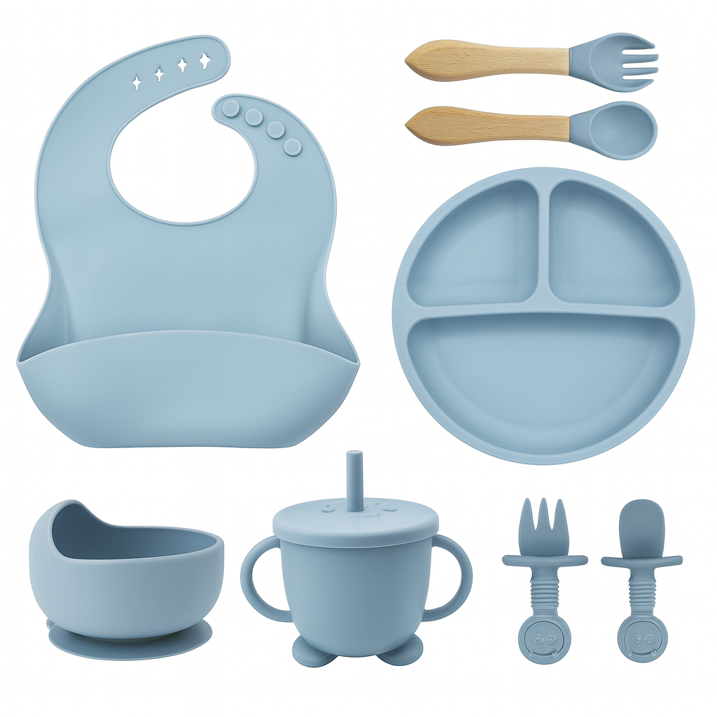 Kit Alimentação Bebê 8 Peças em Silicone – Prático e Antiderrapante