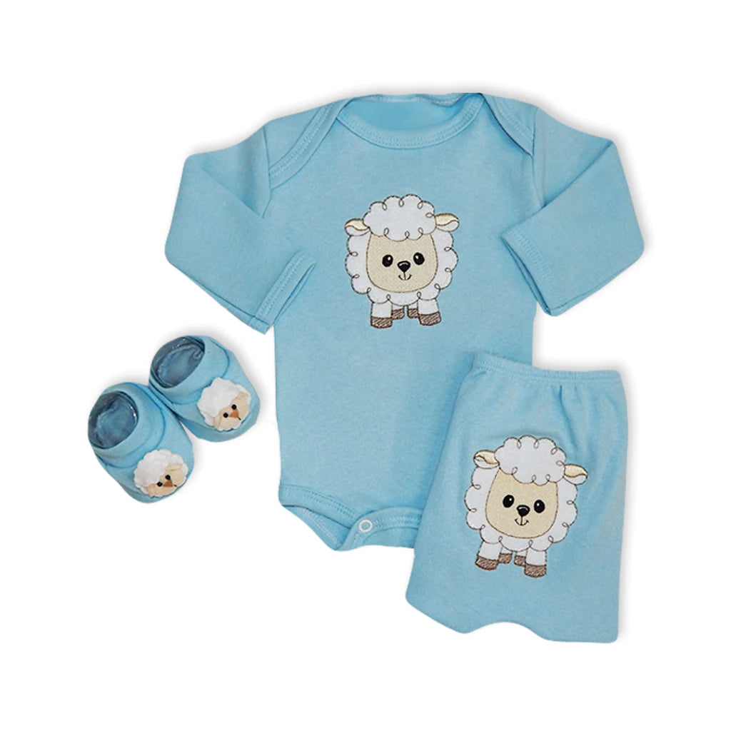 Kit 3 Peças Ovelhinha para Bebês Meninos – Body, mijão e sapatinho 100% algodão