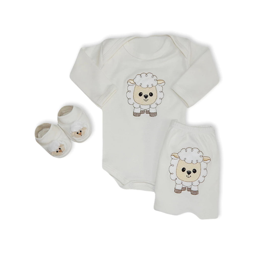 Kit 3 Peças Ovelhinha para Bebês Meninos – Body, mijão e sapatinho 100% algodão