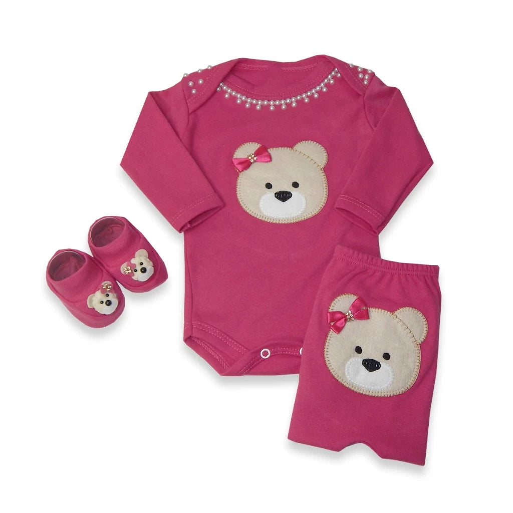 Kit 3 Peças Roupas de Bebê Feminino com Estampa de Ursinha - Conforto e Estilo