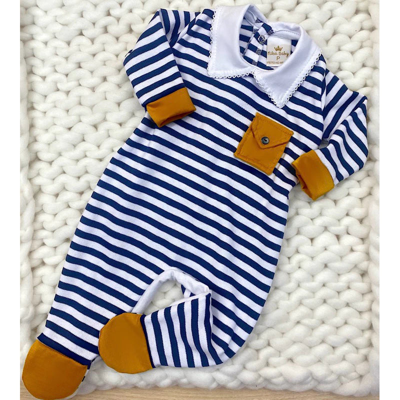 Macacão Bebê Listrado em Algodão com Detalhes Amarelos – Conforto e Estilo para Seu Pequeno