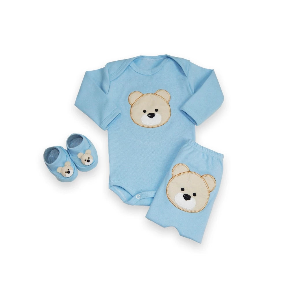 Kit 3 peças bebê menino ursinho – (body, calça e sapatinho), tema fofo em algodão