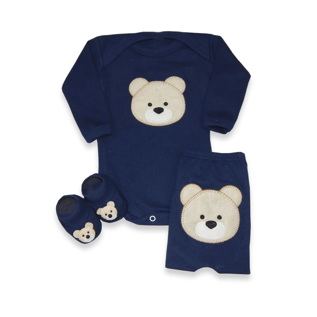 Kit 3 peças bebê menino ursinho – (body, calça e sapatinho), tema fofo em algodão