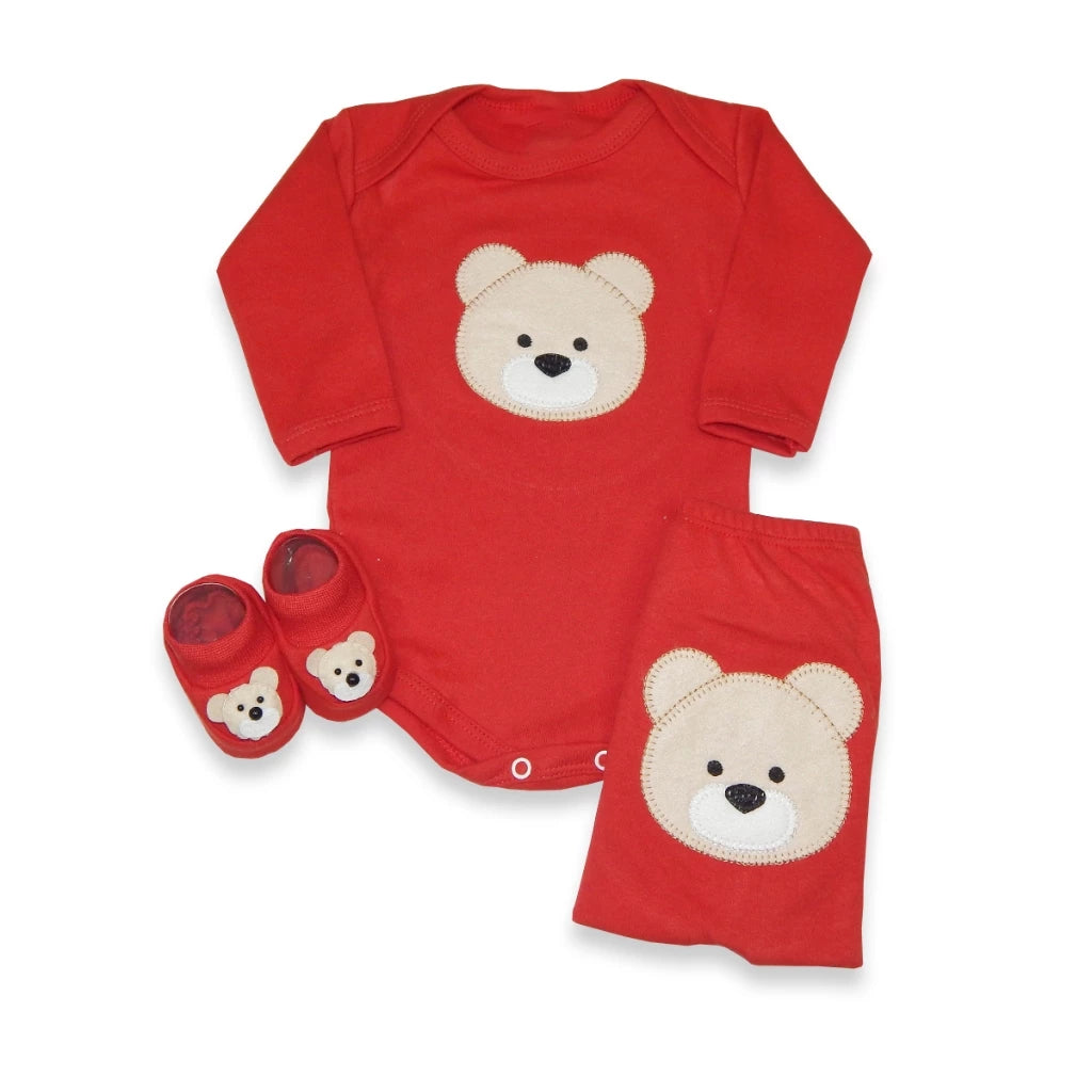 Kit 3 peças bebê menino ursinho – (body, calça e sapatinho), tema fofo em algodão