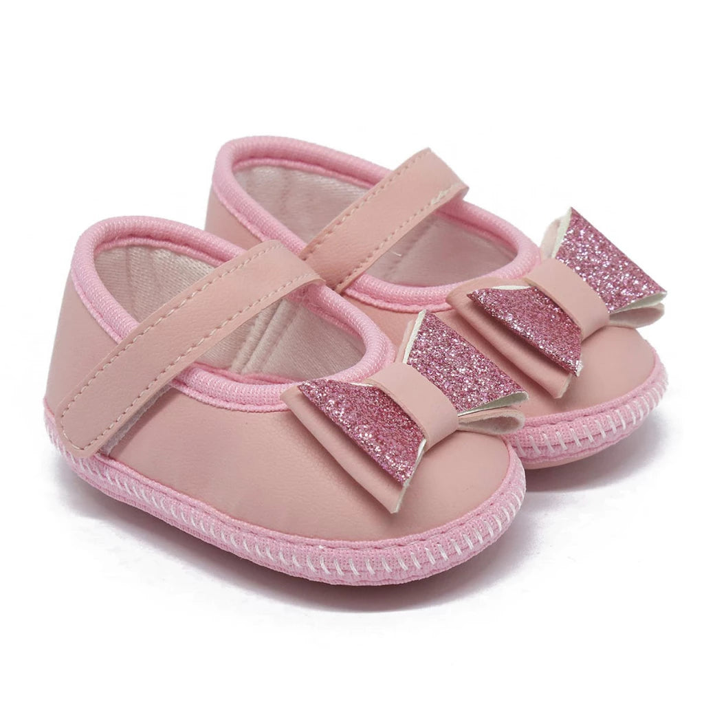 Sapatilha de Bebê com Laço e Glitter – Rosa, Branco e Preto - Confortável e Estilosa