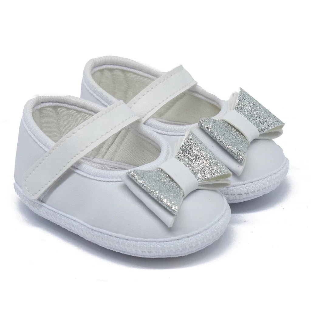 Sapatilha de Bebê com Laço e Glitter – Rosa, Branco e Preto - Confortável e Estilosa