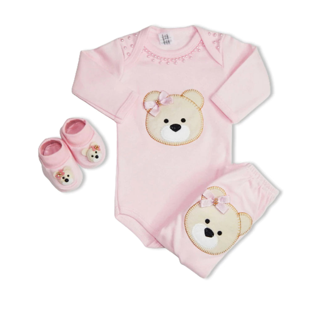 Kit 3 Peças Roupas de Bebê Feminino com Estampa de Ursinha - Conforto e Estilo