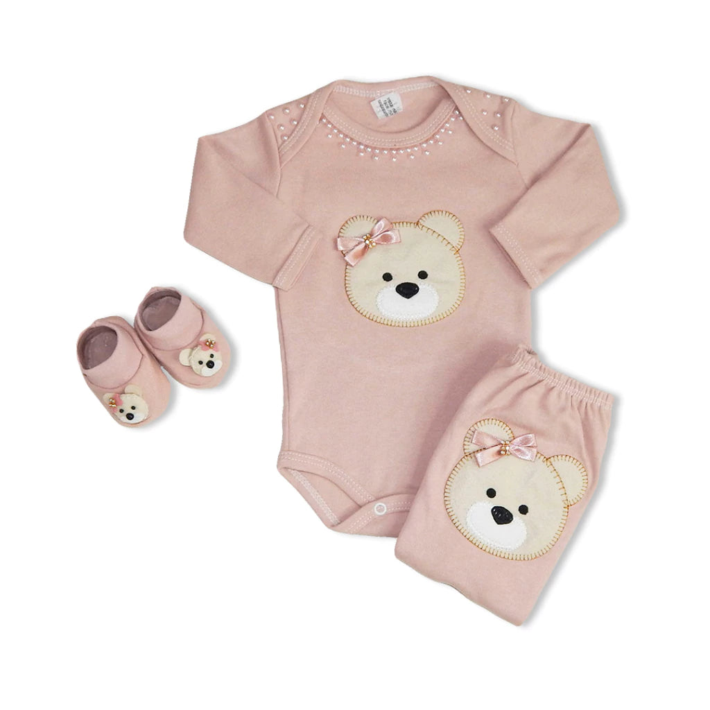 Kit 3 Peças Roupas de Bebê Feminino com Estampa de Ursinha - Conforto e Estilo