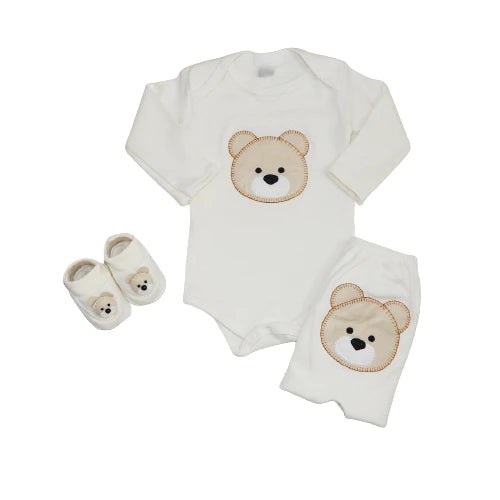 Kit 3 peças bebê menino ursinho – (body, calça e sapatinho), tema fofo em algodão