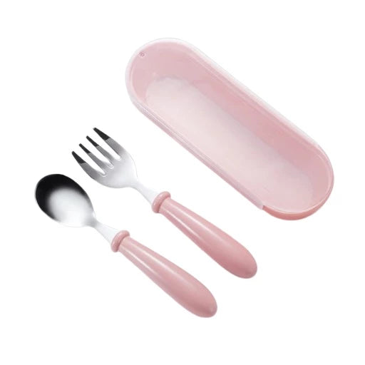 Talheres Infantil com Estojo – Colher e Garfo Inox 304 para Bebê | Kit 3 Peças Ergonômico e Portátil