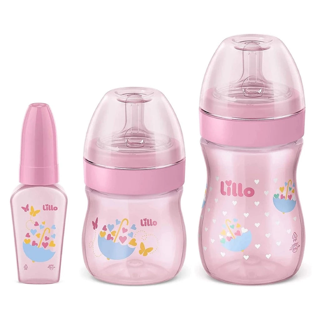 Kit de Mamadeiras Rosa Lillo – 3 Unidades (50 ml, 150 ml e 240 ml) | Bicos de Silicone Anti‑Vazamento, Livre de BPA