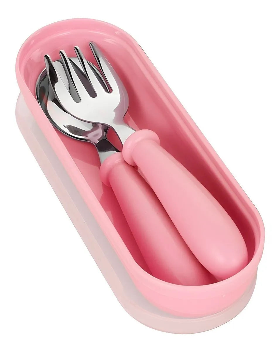 Talheres Infantil com Estojo – Colher e Garfo Inox 304 para Bebê | Kit 3 Peças Ergonômico e Portátil