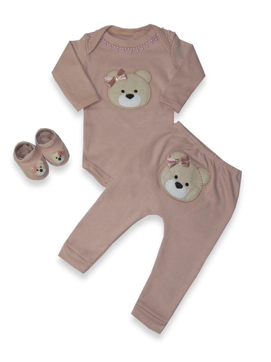 Kit 3 Peças Roupas de Bebê Feminino com Estampa de Ursinha - Conforto e Estilo