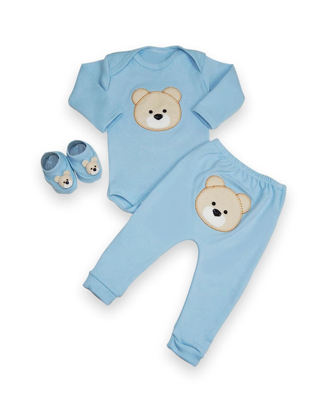 Kit 3 peças bebê menino ursinho – (body, calça e sapatinho), tema fofo em algodão