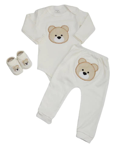 Kit 3 peças bebê menino ursinho – (body, calça e sapatinho), tema fofo em algodão