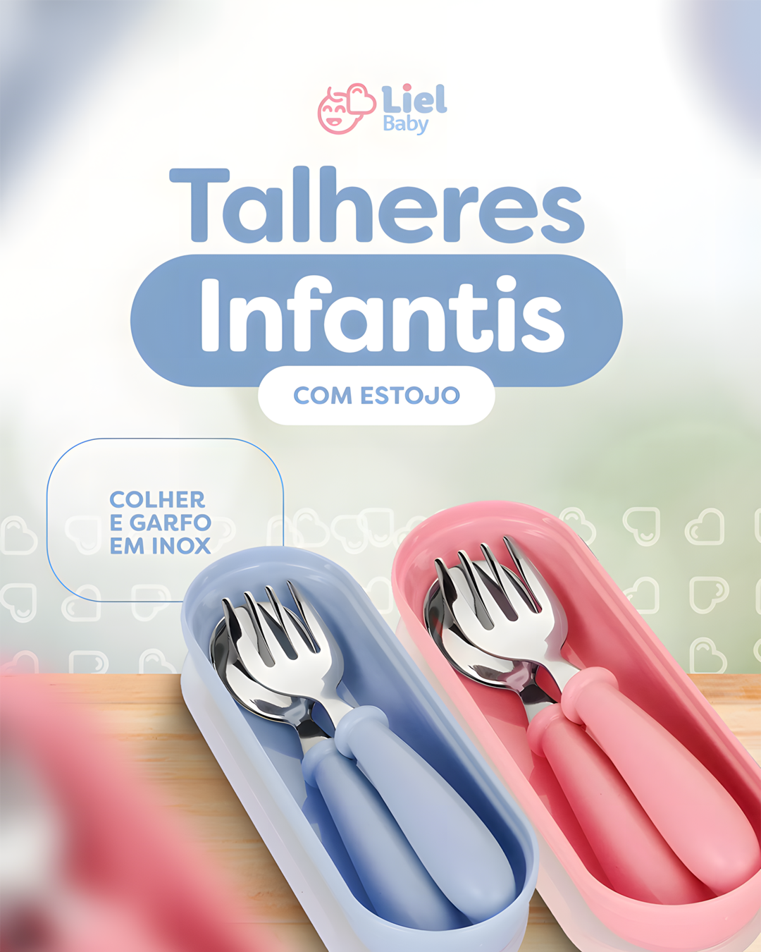 Talheres Infantil com Estojo – Colher e Garfo Inox 304 para Bebê | Kit 3 Peças Ergonômico e Portátil