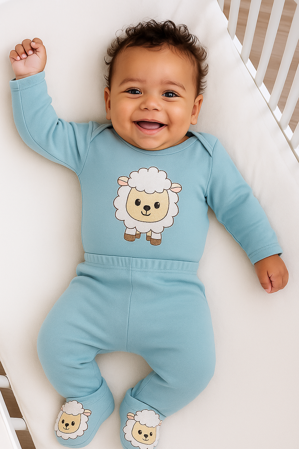 Kit 3 Peças Ovelhinha para Bebês Meninos – Body, mijão e sapatinho 100% algodão