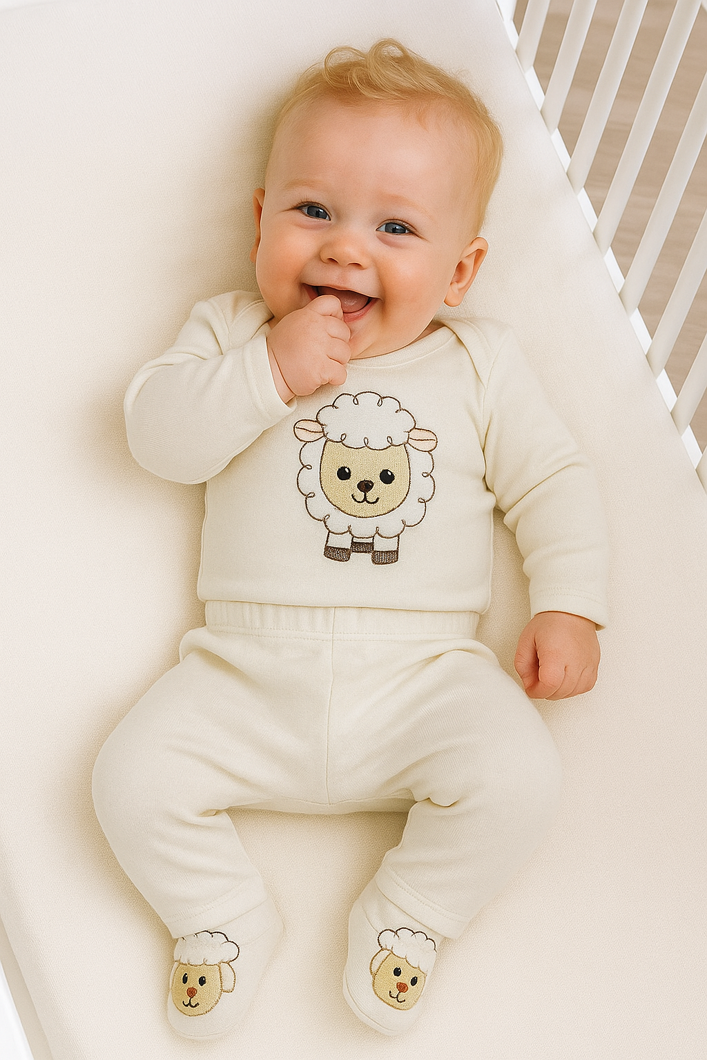 Kit 3 Peças Ovelhinha para Bebês Meninos – Body, mijão e sapatinho 100% algodão