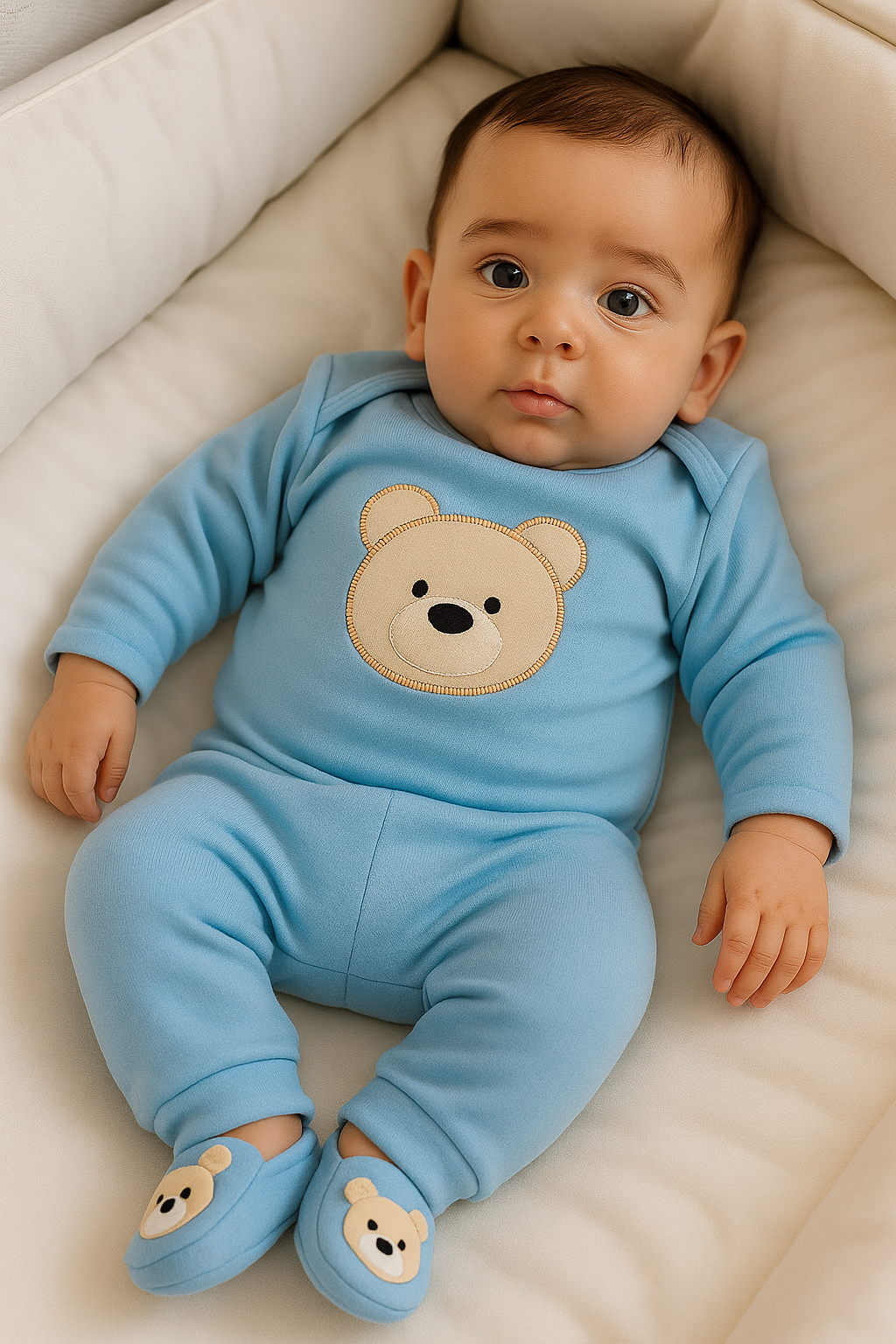 Kit 3 peças bebê menino ursinho –  (body, calça e sapatinho), tema fofo em algodão