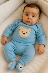 Kit 3 peças bebê menino ursinho –  (body, calça e sapatinho), tema fofo em algodão