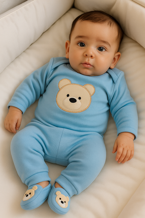 Kit 3 peças bebê menino ursinho –  (body, calça e sapatinho), tema fofo em algodão