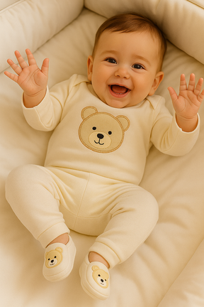 Kit 3 peças bebê menino ursinho –  (body, calça e sapatinho), tema fofo em algodão