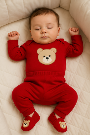 Kit 3 peças bebê menino ursinho –  (body, calça e sapatinho), tema fofo em algodão