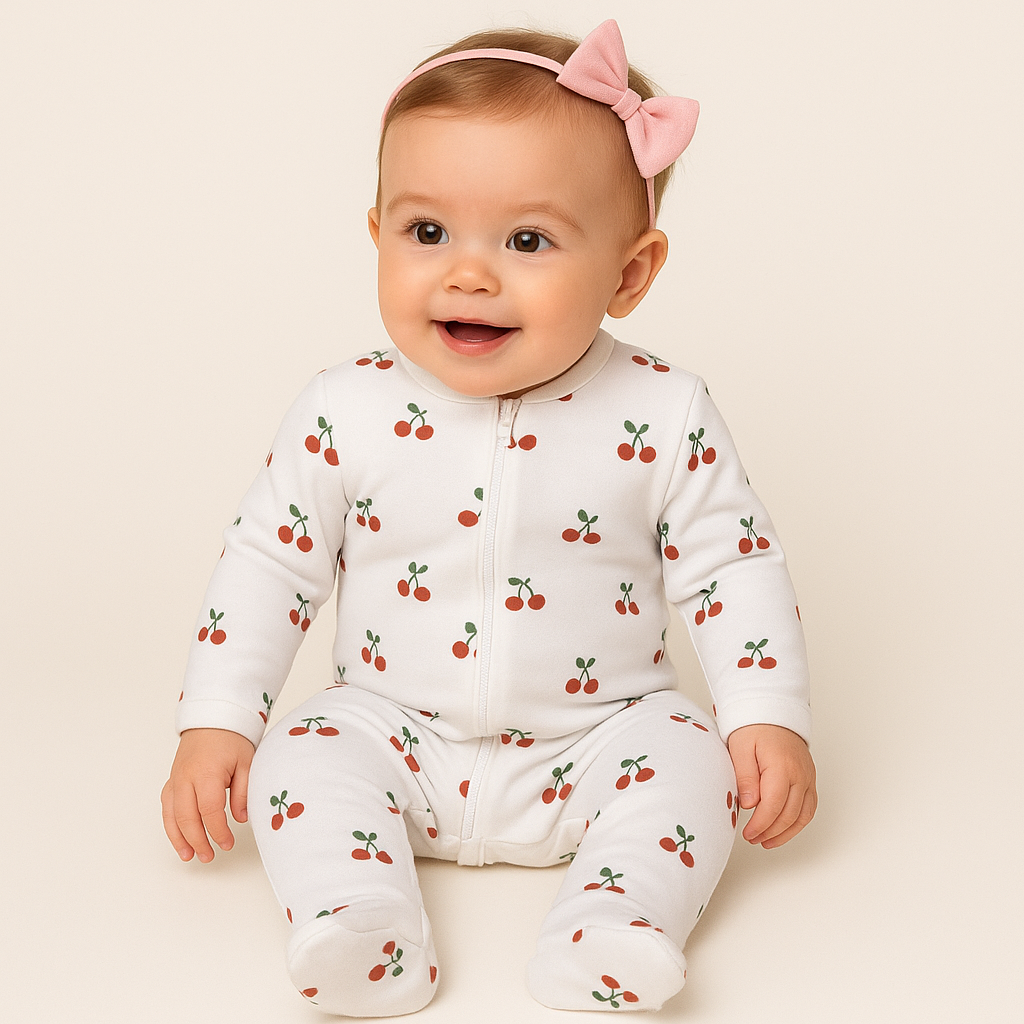 Macacão Soft para Bebê com Zíper e Estampa de Cerejinha – Quentinho e Confortável para o Inverno