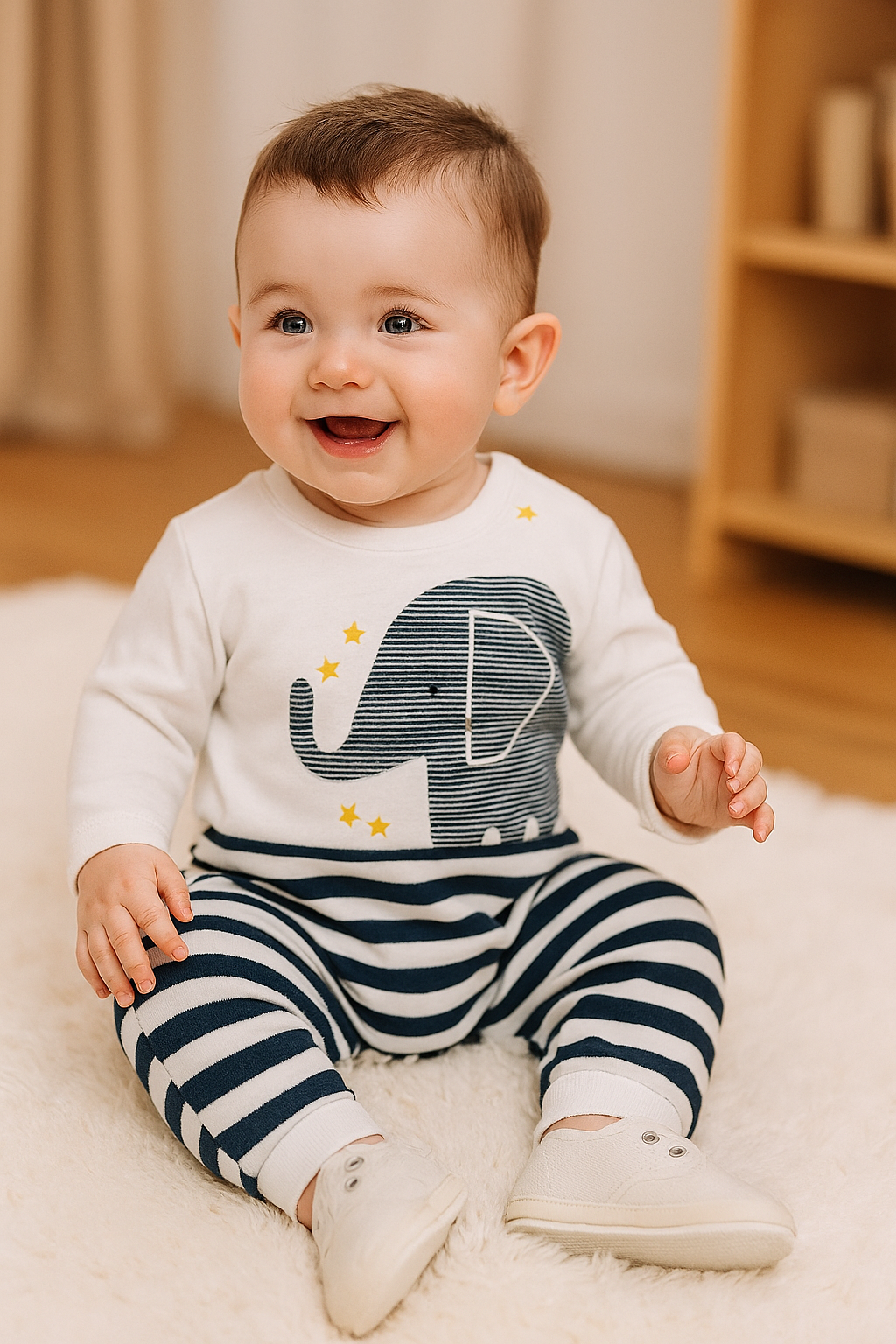 Macacão de Bebê com Estampa de Elefante, Manga Longa e Vira-Pé – Conforto, Estilo e Praticidade para os Pequenos