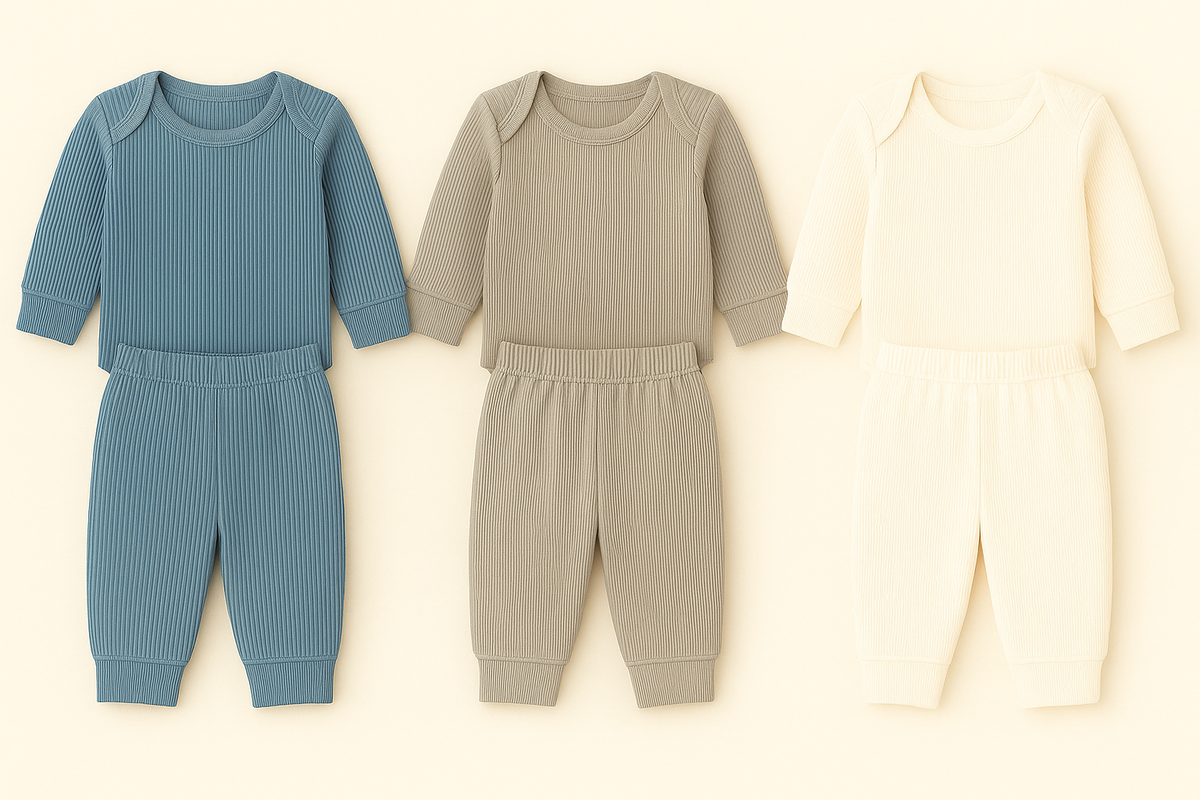 Kit com 3 Conjuntos Canelados de Body e Calça para Bebê –  Azul, Cinza e Bege