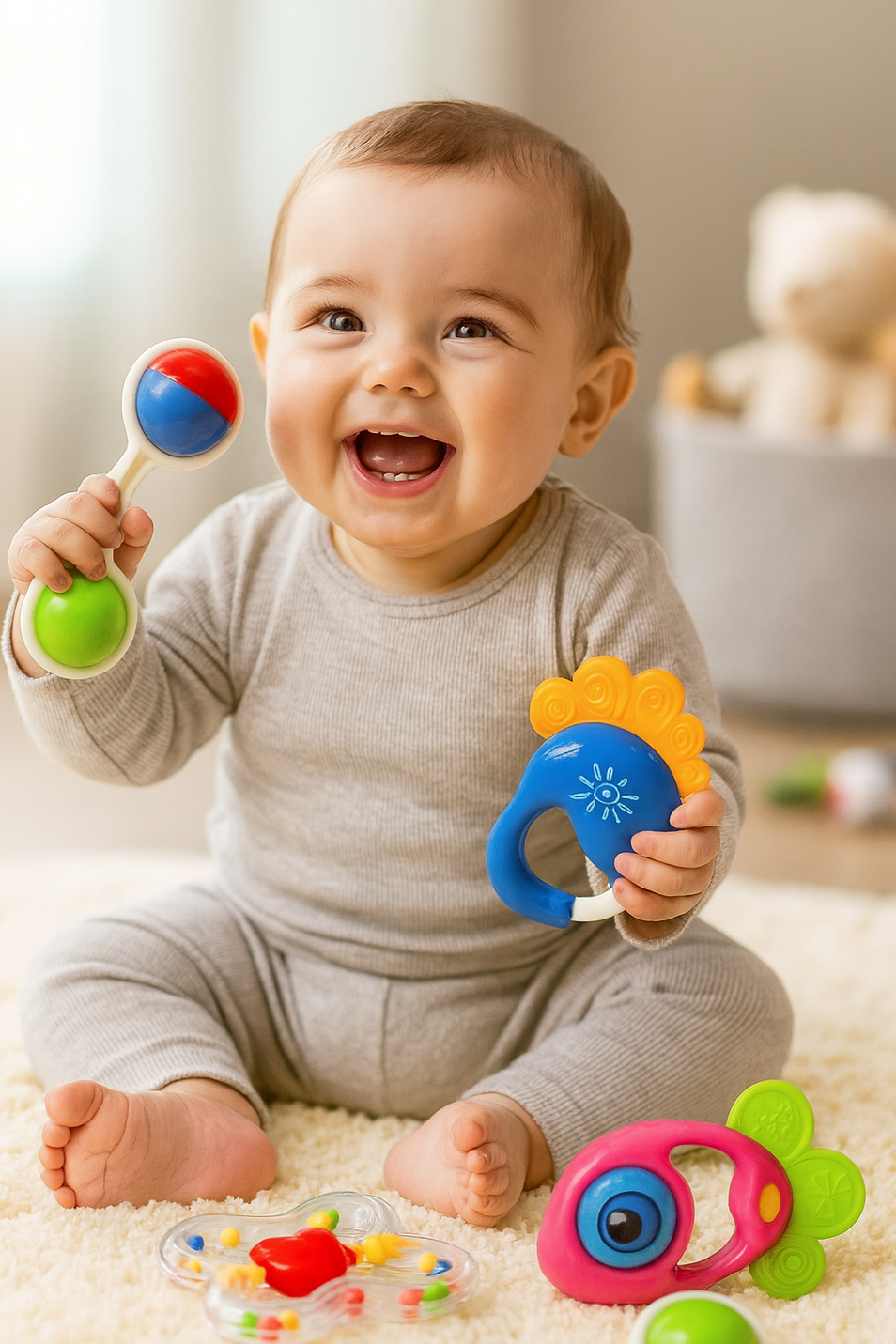 Kit de Chocalhos para Bebê com 4 Peças – Coloridos, Estimulam Coordenação e Desenvolvimento