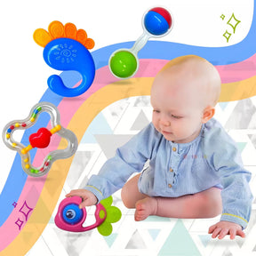 Kit de Chocalhos para Bebê com 4 Peças – Coloridos, Estimulam Coordenação e Desenvolvimento