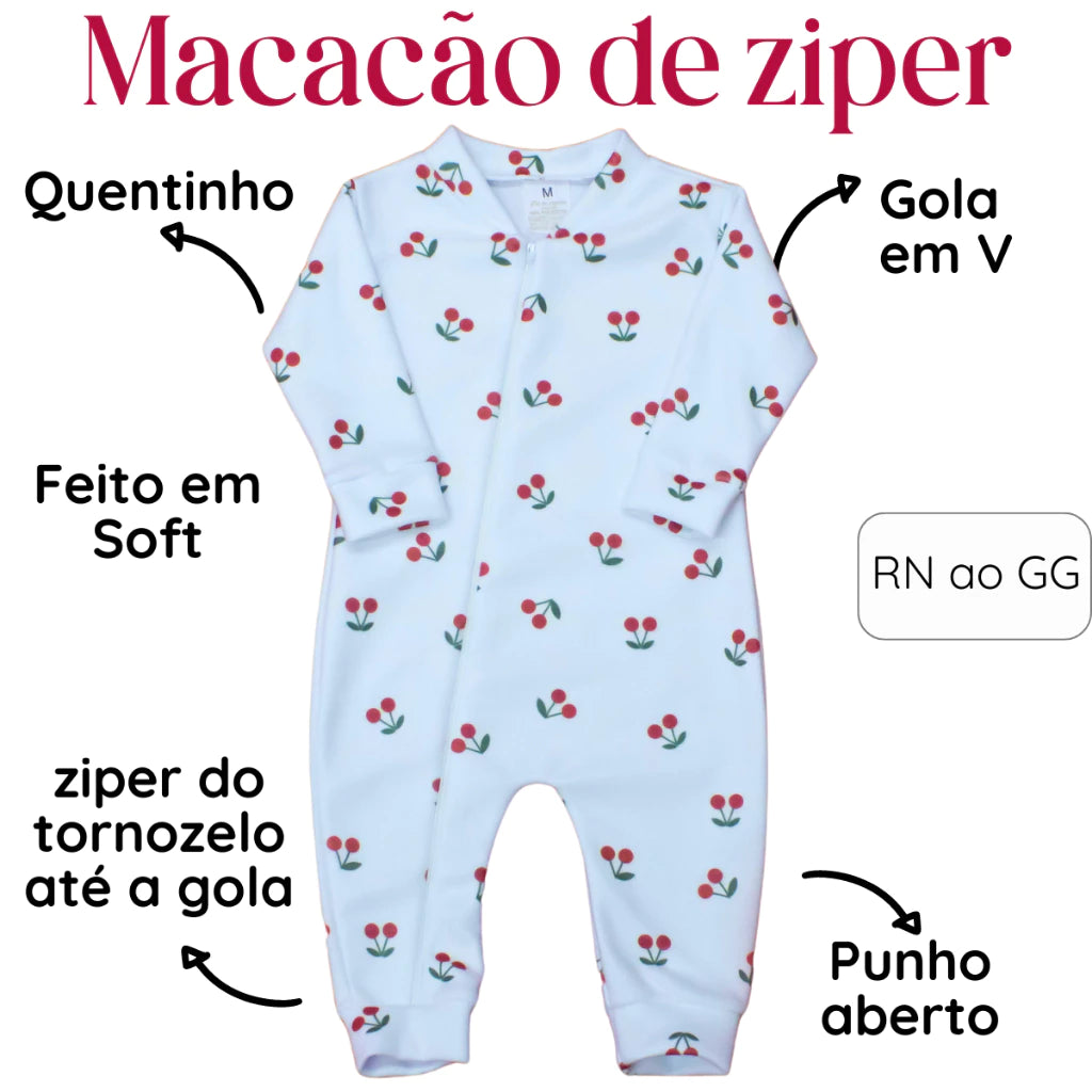 Macacão Soft para Bebê com Zíper e Estampa de Cerejinha – Quentinho e Confortável para o Inverno
