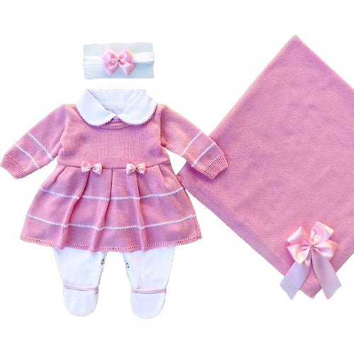 Saída de Maternidade Rosa Menina – 100 % Algodão - Macacão, Vestido, Manta, Laço