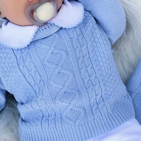 Saída de Maternidade Menino Azul Claro Tricô – Enxoval com Macacão, Suéter, Touca, Manta
