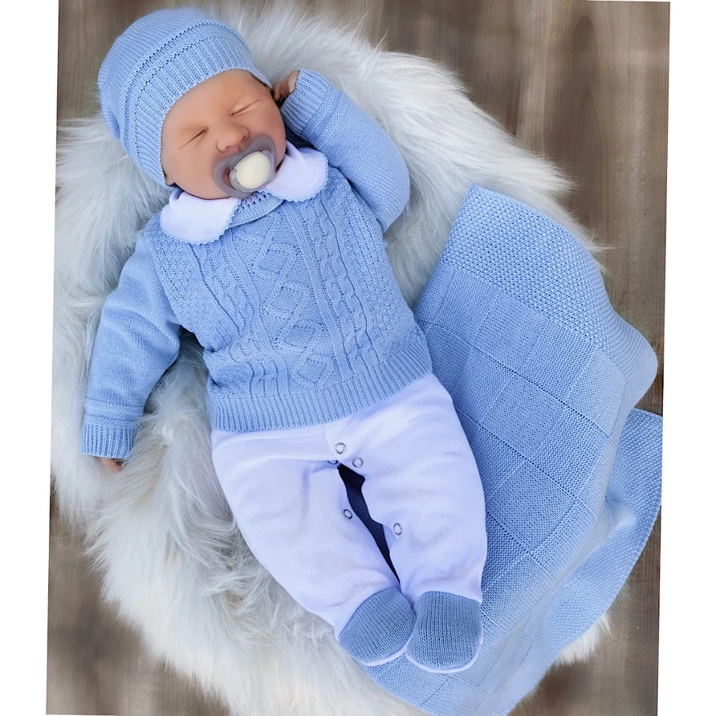 Saída de Maternidade Menino Azul Claro Tricô – Enxoval com Macacão, Suéter, Touca, Manta