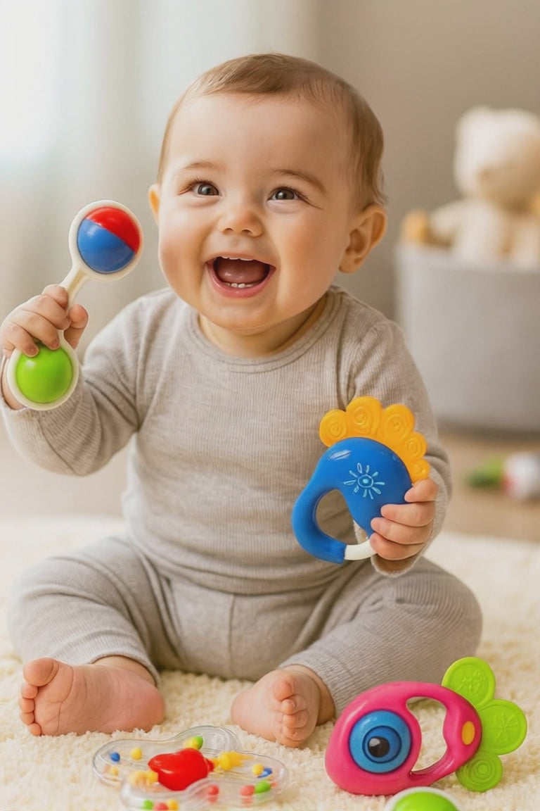 Kit de Chocalhos para Bebê com 4 Peças – Coloridos, Estimulam Coordenação e Desenvolvimento